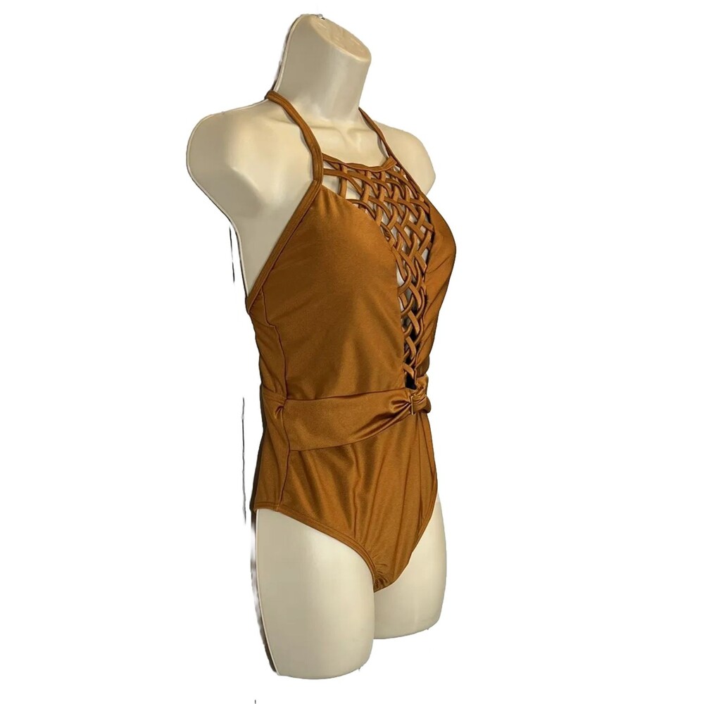 Venus Bronze Brown Crisscross Cutout Halter Faux Belt w/Buckle One Piece Sz 8 - Picture 4 of 8